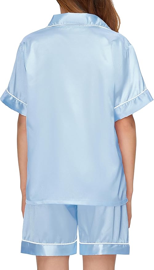EPLAZA Kids Satin Pajamas Sets Girls Boys Button-Down Silky Pajamas Sleepwear with Hairband Eye Mask Hair Tie