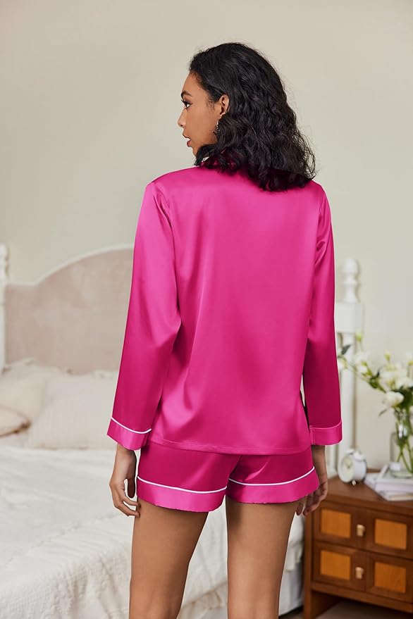 Ekouaer Satin Pajama Set for Women Button Down Pj Set Long Sleeve Top and Shorts 2 Piece Loungewear Summer Soft Sleepwear