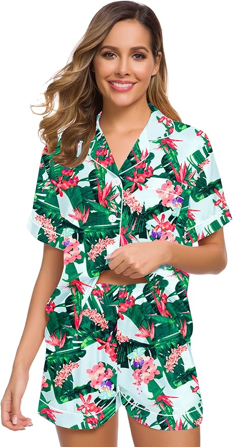 SWOMOG Womens Silk Satin Pajamas Set Short Sleeve Sleepwear Button Down Top and Shorts Loungewear 2 Piece Pjs Set XS-3XL