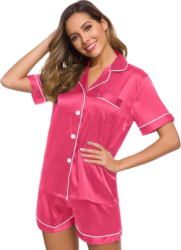 SWOMOG Womens Silk Satin Pajamas Set Short Sleeve Sleepwear Button Down Top and Shorts Loungewear 2 Piece Pjs Set XS-3XL