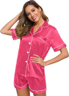 SWOMOG Womens Silk Satin Pajamas Set Short Sleeve Sleepwear Button Down Top and Shorts Loungewear 2 Piece Pjs Set XS-3XL