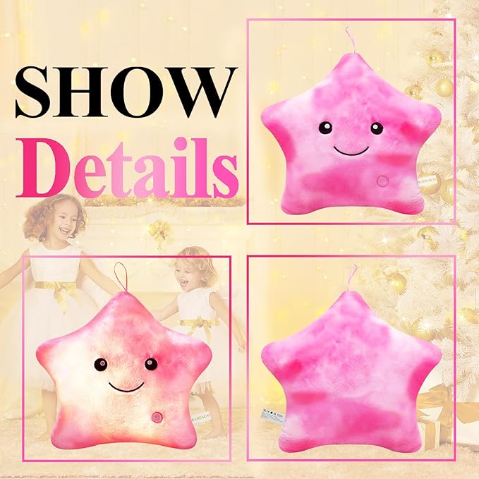 Cute Stuffed Animal Night Light Up Star Pillows for Kids Novelty Pillows,Glow in The Dark Plush Toy for Boys Girls Children Adults Birthday Christmas Doll Gifts,Soft Throw Pillow Pink Plushie