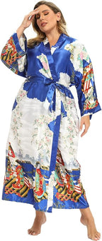 Women's Floral Long Satin Robes Plus Size Long Silk Robes Peacock Floral Kimonos Sleepwear Dressing Gown