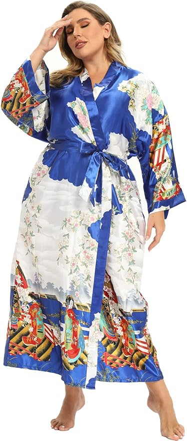 Women's Floral Long Satin Robes Plus Size Long Silk Robes Peacock Floral Kimonos Sleepwear Dressing Gown