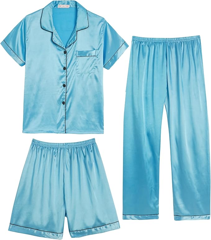 Hupohoi Unisex Girls Boys Kids Pajama Sets Button Down Satin Sleepwear Nighty 3PCS Silky Lounge Sets Nightwear