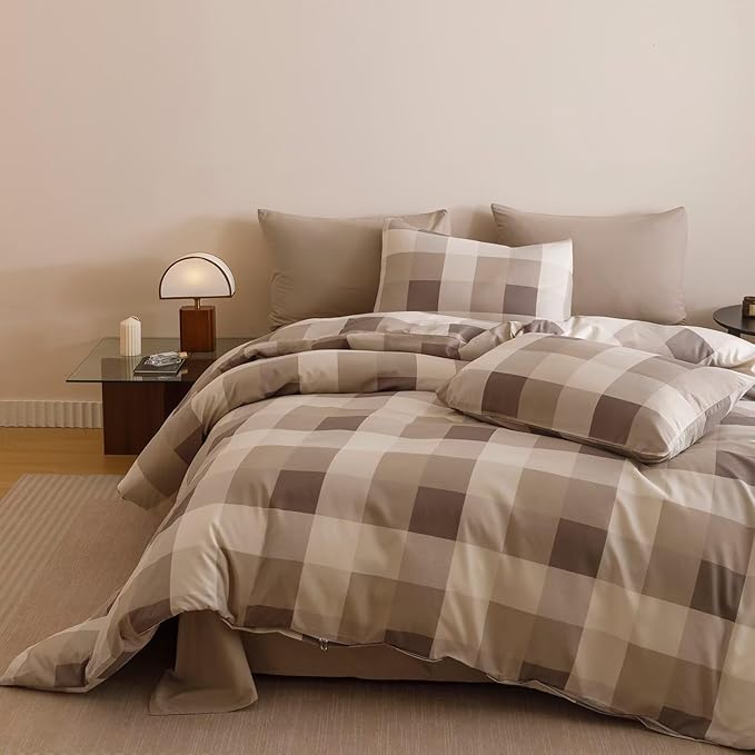 Cottonight Checkered Khaki Comforter Set Queen Men Gingham Grid Bedding Set Khaki and Cream Coffee Grid Comforter Fluffy Soft Blanket Quilts Modern Cottagecore Comforter for Queen Bed