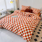 CLOTHKNOW Orange Plaid Queen Comforter Set 3Pcs Grid Bedding Comforter Sets Soft Checker Queen Comforter Burnt Orange Queen Size Comforter Sets