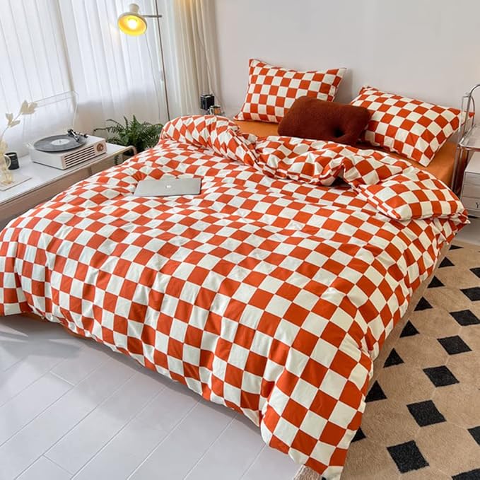 CLOTHKNOW Orange Plaid Queen Comforter Set 3Pcs Grid Bedding Comforter Sets Soft Checker Queen Comforter Burnt Orange Queen Size Comforter Sets