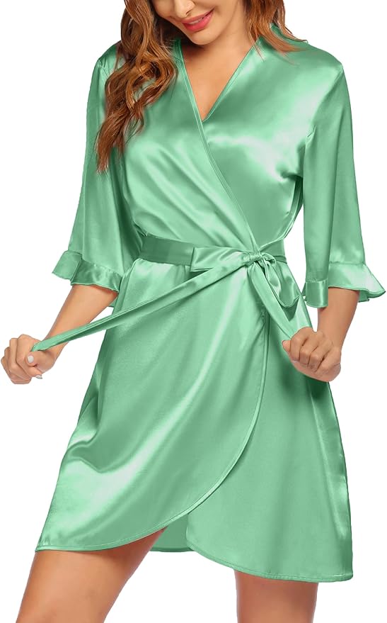 Ekouaer Women's Satin Robe Valentines Lingerie for Women Kimono Bathrobe Short Ruffle Belted Robes Bridesmaids Sleepwear