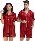 SWOMOG Satin Matching Pajamas Sets Couple Silk Button Down Nightwear Women & Men Short Sleeve Sleepwear 2 Pieces Loungewear