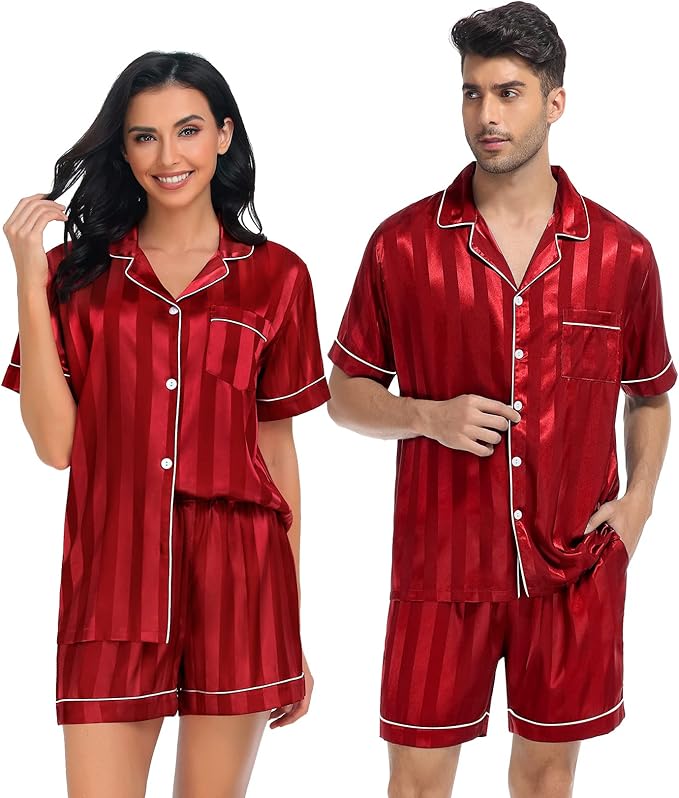 SWOMOG Satin Matching Pajamas Sets Couple Silk Button Down Nightwear Women & Men Short Sleeve Sleepwear 2 Pieces Loungewear