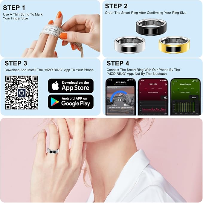 uaue Smart Ring for Women Men, Fitness Tracker Ring with Heart Rate/Women's Health/Sleep/Steps, Touch Control, Vibration Alert, IP68 Waterproof Health Ring for iPhone/Android, No Subscription,Silver 7