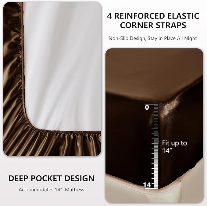 CozyLux Satin Sheets Queen Size Bed Set - 4 Piece Silky Queen Sheet Set, Luxury Brown Queen Sheets with Smooth and Soft Microfiber, Includes 1 Fitted Sheet, 1 Flat Sheet and 2 Pillowcases