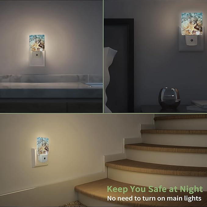 Starfish Seashell on Beach Night Light, Summmer Beach Night Light Plug into Wall with Dusk to Dawn Sensor, LED Lamp Energy Saving Lights for Men Women Boys Girls,Lamp for Bedroom Bathroom Hallway