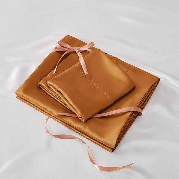 BEDELITE Satin Sheets Twin XL Size Bed Set, Luxury Soft Burnt Orange Silky Sheets for Hair and Skin, Similar to Silk Bed Sheets Set 3 Pieces with 1 Deep Pocket Fitted Sheet, 1 Flat Sheet, 1 Pillowcase