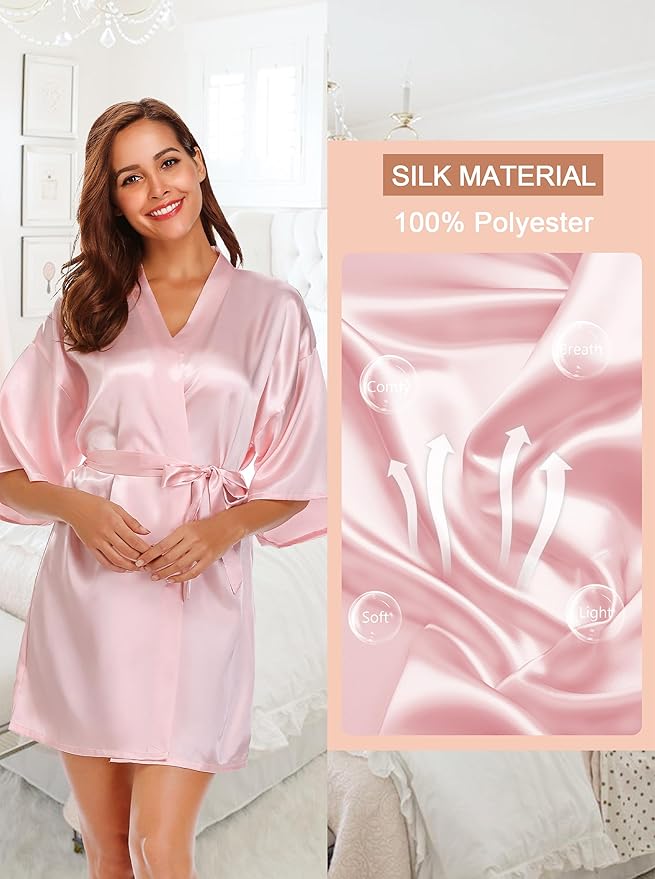 Women's Short Satin Robe Silky Bathrobes Bridal Bridesmaid Kimono Robe V-Neck Sleepwear S-XXL