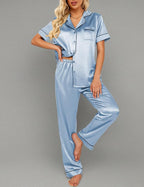 Ekouaer Silk Satin Pajamas Set Women Short Sleeve Sleepwear Soft Button Down Loungewear Pjs Set