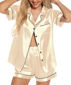 Samring Women's Silk Satin Pajamas Set Short Sleeve Sleepwear Two Piece Button Down Pj Set with Pockets S-XXL