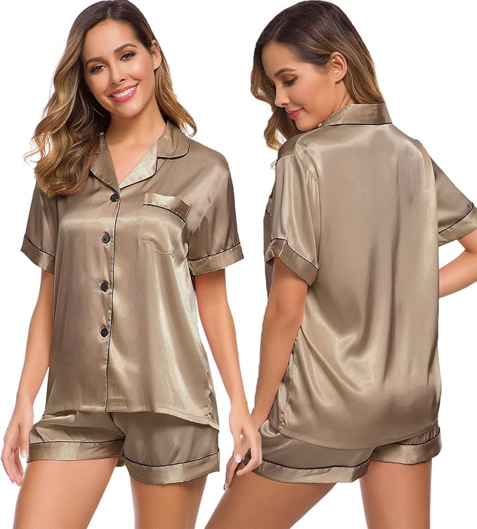 SWOMOG Womens Silk Satin Pajamas Set Short Sleeve Sleepwear Button Down Top and Shorts Loungewear 2 Piece Pjs Set XS-3XL