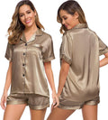 SWOMOG Womens Silk Satin Pajamas Set Short Sleeve Sleepwear Button Down Top and Shorts Loungewear 2 Piece Pjs Set XS-3XL