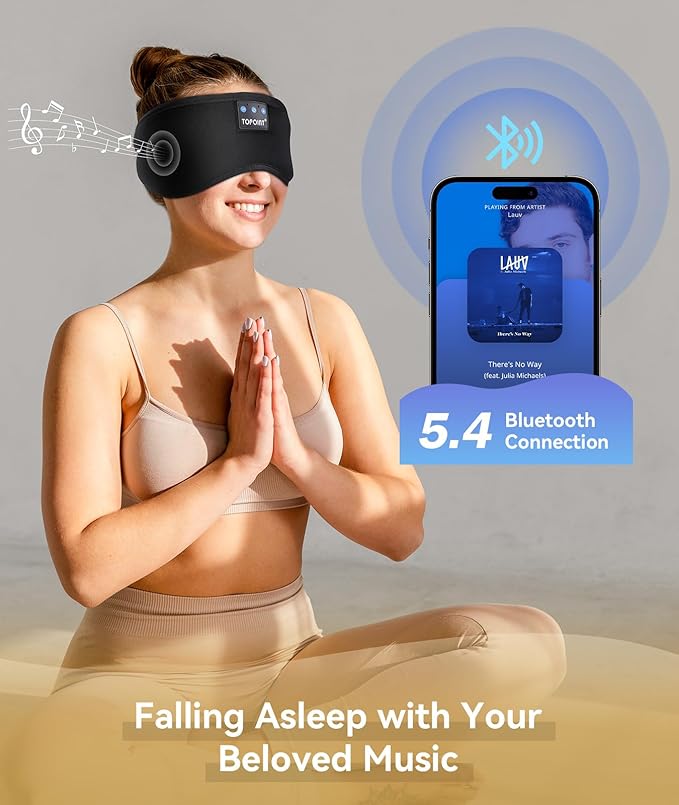 TOPOINT Sleep Headphones, Bluetooth Sleep Mask with Bluetooth Headphones Cotton Sleeping Headphones Bluetooth Eye Mask with Microphone Hands Free Light Blackout for Side Sleepers Father's Day Gift