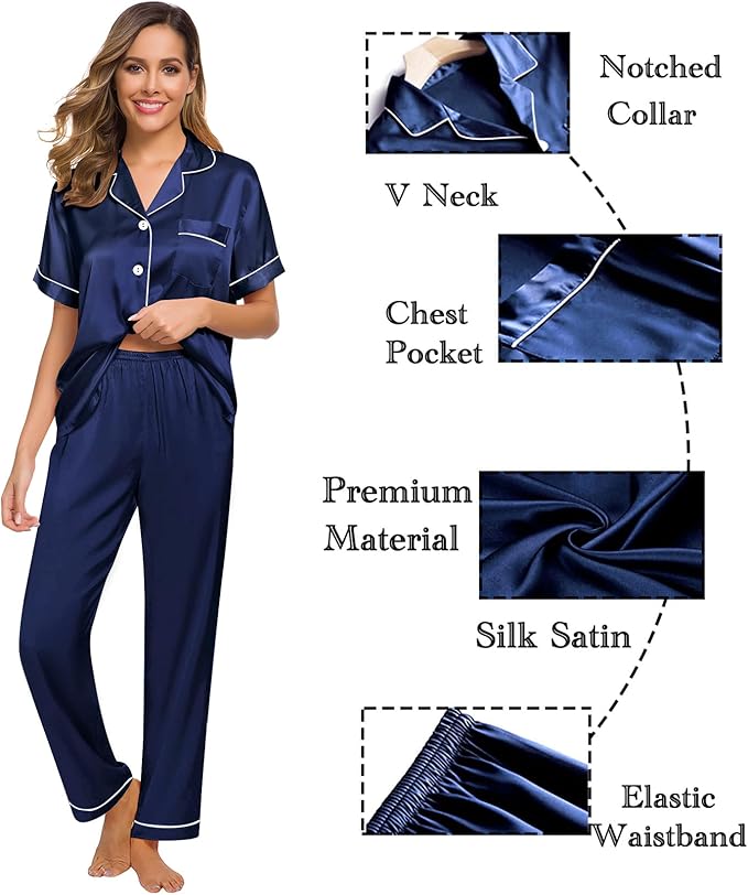 SWOMOG Women Satin Pajamas Set Short Sleeve Top & Pants Sleepwear Silky Button Down Nightwear 2pcs Loungewear Pjs Set