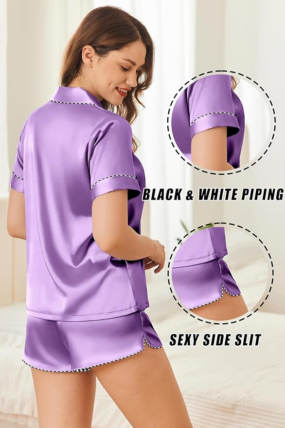 Ekouaer Silk Satin Pajamas Set Short Sleeve Pj Sets Black & White Contrast Piping Pjs Button Down Lounge Sets 2 Piece