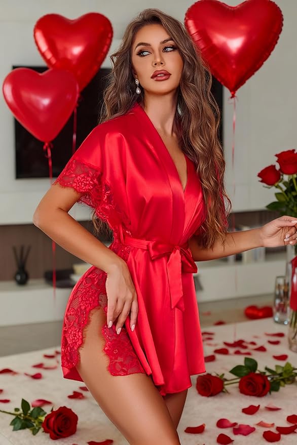 Avidlove Women Lingerie Robe Satin Sleepwear Eyelash Lace Kimono Side Split Sexy Silk Robes