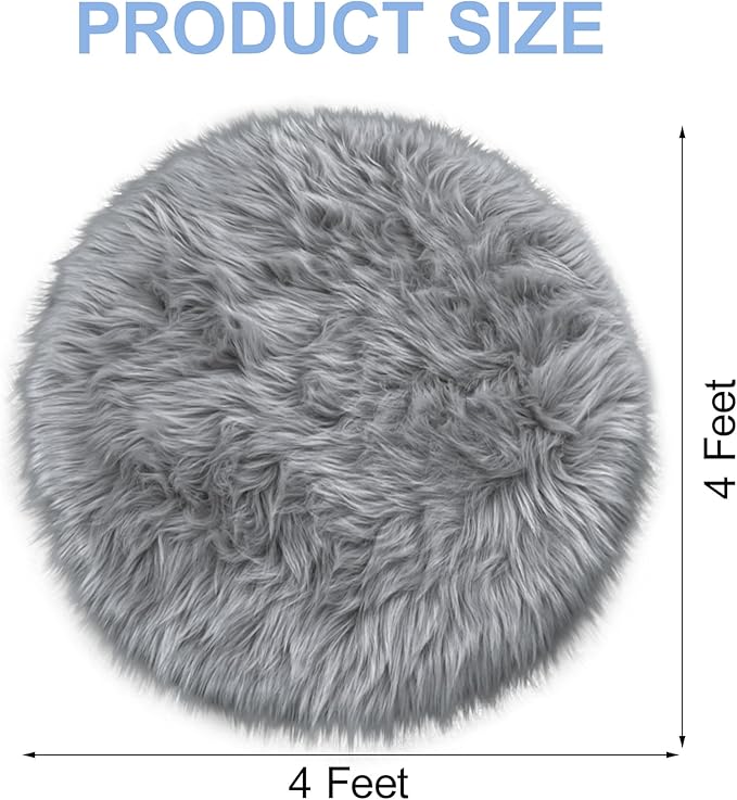 Grey Round Rugs for Bedroom, 4x4 Ft Fluffy Circle Area Rug for Kids Room, Furry Carpet for Teen's Room, Shaggy Circular Rug for Nursery Room, Fuzzy Plush Rug for Dorm Living Room Carpet
