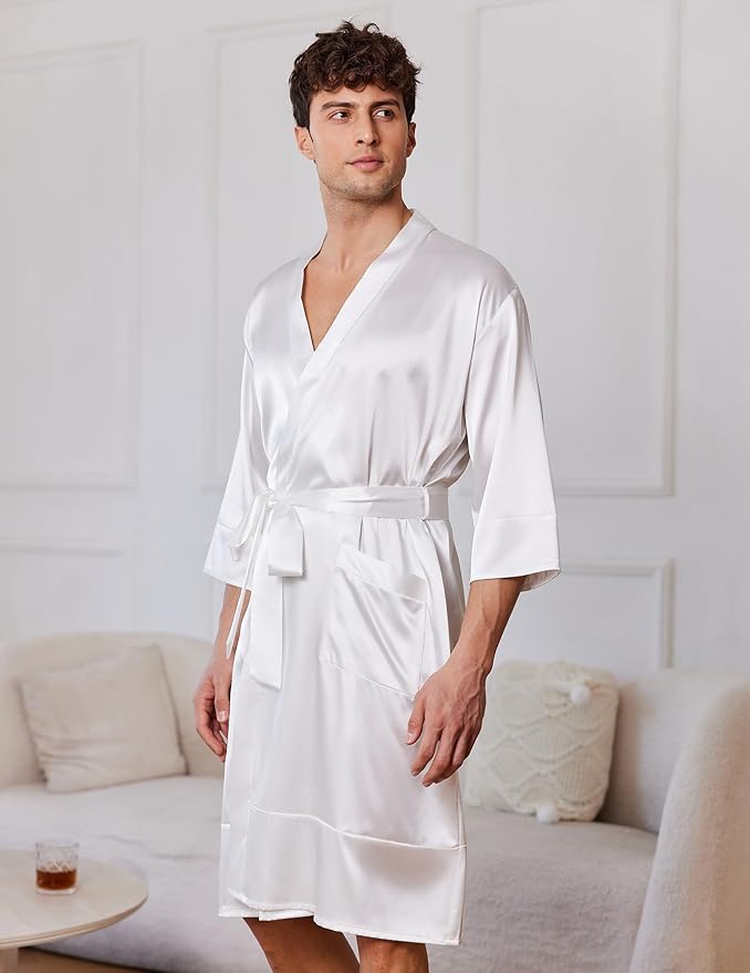 Ekouaer Mens Satin Robe Lightweight Silky Kimono Bathrobe 3/4 Sleeve Spa Knee Length Loungewear with Pockets S-3XL