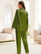 EPLAZA Silk Pajamas for Women Satin Pajamas Set 5 Pcs Long Sleeve Print Pattern Button Down Pjs Sleepwear Loungewear Set