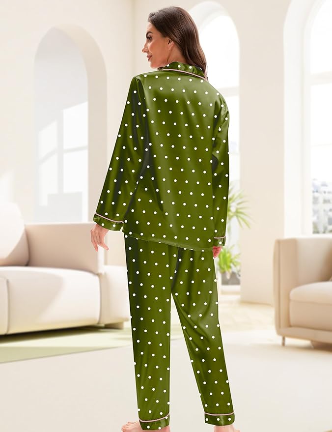EPLAZA Silk Pajamas for Women Satin Pajamas Set 5 Pcs Long Sleeve Print Pattern Button Down Pjs Sleepwear Loungewear Set