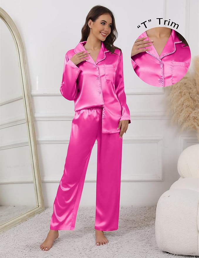 Ekouaer Pajamas For Women Set Silk Pjs 2 Piece Satin Sleepwear Long Sleeve Button Down Lounge Sets With Pant