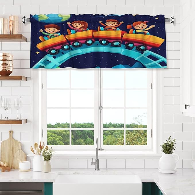 Children Riding Space-Themed Train, Night Sky Curtain Valance Peach Skin Velvet Printed Window Valance with Rod Pocket Light Filtering for Kitchen Bathroom 54x18in