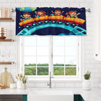 Children Riding Space-Themed Train, Night Sky Curtain Valance Peach Skin Velvet Printed Window Valance with Rod Pocket Light Filtering for Kitchen Bathroom 54x18in