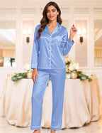 EPLAZA Silk Pajamas for Women Satin Pajamas Set 5 Pcs Long Sleeve Print Pattern Button Down Pjs Sleepwear Loungewear Set
