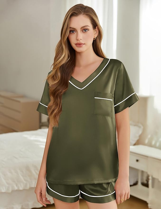 Silk Pajamas for Women Short Sleeve Satin 2 Piece Pj Set Soft V Neck Sleepwear Loungewear, S-XXL