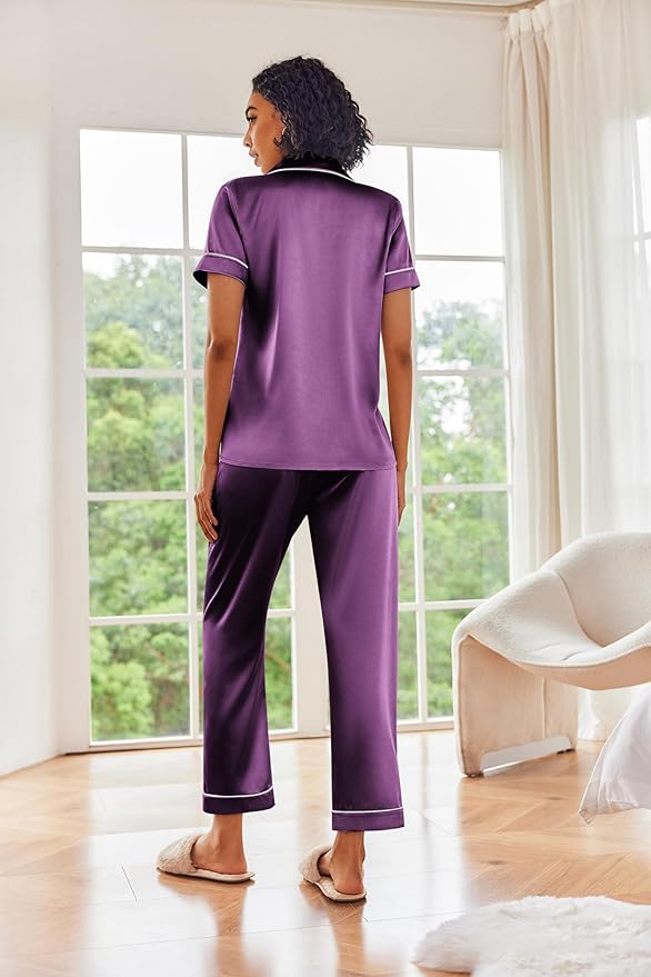 Ekouaer Silk Satin Pajamas Set Women Short Sleeve Sleepwear Soft Button Down Loungewear Pjs Set