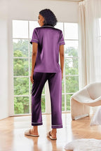 Ekouaer Silk Satin Pajamas Set Women Short Sleeve Sleepwear Soft Button Down Loungewear Pjs Set