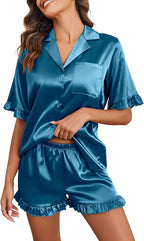 Ekouaer Satin Pajama Set for Women Button Down Silk 2 Piece Pj Sets Ruffle Short Sleeve Sleepwear
