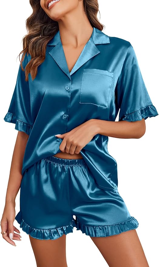 Ekouaer Satin Pajama Set for Women Button Down Silk 2 Piece Pj Sets Ruffle Short Sleeve Sleepwear