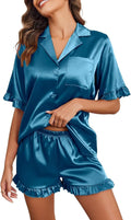 Ekouaer Satin Pajama Set for Women Button Down Silk 2 Piece Pj Sets Ruffle Short Sleeve Sleepwear