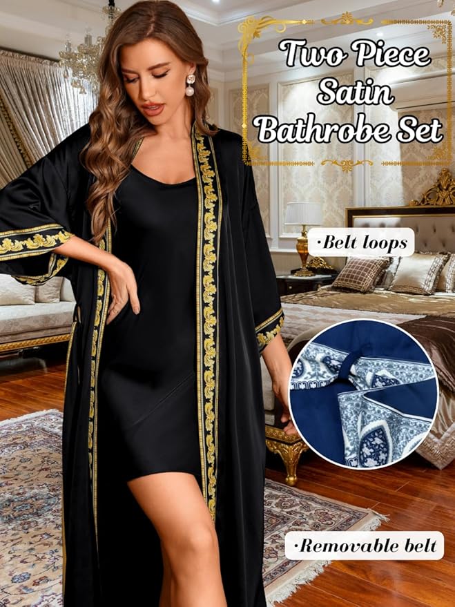 ChiaoLezhee Satin Robe Sets For Women, 2-PC Lightweight Bathrobe, Silk Sleepwear Kimono Bridesmaid Sexy Robes