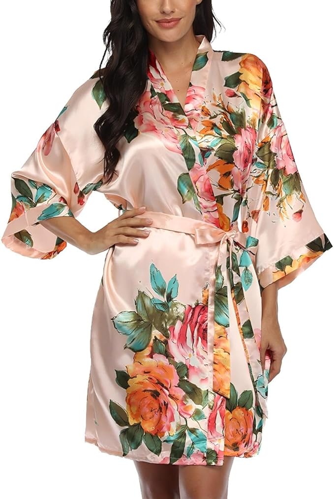 Floral Silk Robes for Women Kimono Satin Short Bath Robe Bridal Dressing Gown Bride Bridesmaids Lightweight Bathrobes