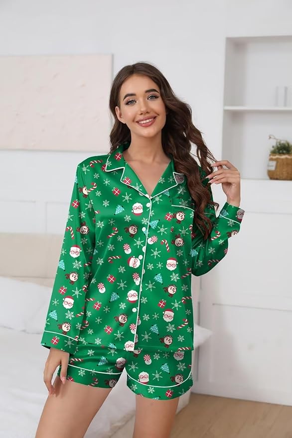 Ekouaer Satin Pajama Set for Women Button Down Pj Set Long Sleeve Top and Shorts 2 Piece Loungewear Summer Soft Sleepwear