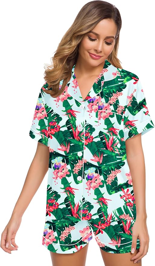 SWOMOG Womens Silk Satin Pajamas Set Short Sleeve Sleepwear Button Down Top and Shorts Loungewear 2 Piece Pjs Set XS-3XL