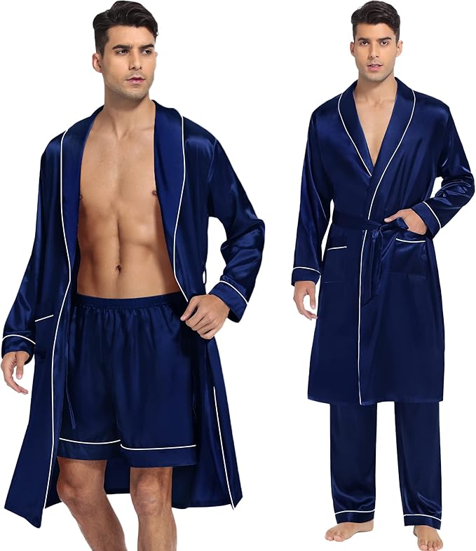 SWOMOG Men's Satin Robe 3 Pcs Silky Kimono Bathrobe Set Lightweight Soft Loungewear Nightwear