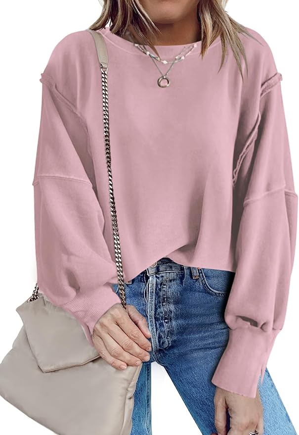 Nirovien Womens Oversized Crewneck Sweatshirt Side Slit Long Sleeve Pullover Slouchy Fit Tops