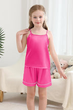 Weixinbuy Girls Pajamas Silk PJS Set Sleeveless Pajama Tank Elastic Waist Shorts Sleepwear Kids Summer Nightwear Clothes Set