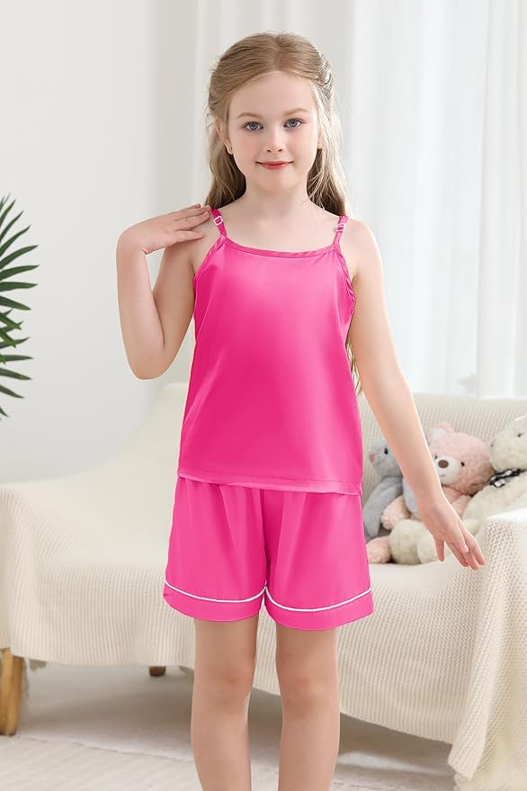 Weixinbuy Girls Pajamas Silk PJS Set Sleeveless Pajama Tank Elastic Waist Shorts Sleepwear Kids Summer Nightwear Clothes Set